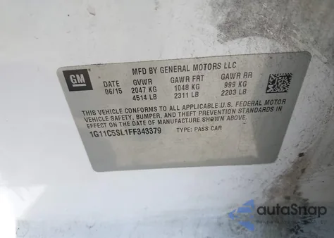 2015 Chevrolet Malibu 1Lt from USA, damaged, VIN 1G11C5SL1FF343379